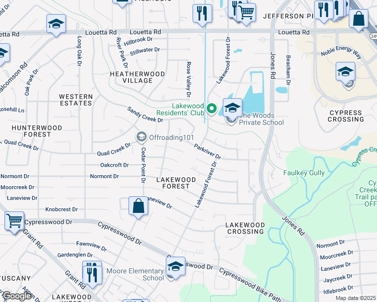 map of restaurants, bars, coffee shops, grocery stores, and more near 11746 Quail Creek Drive in Houston