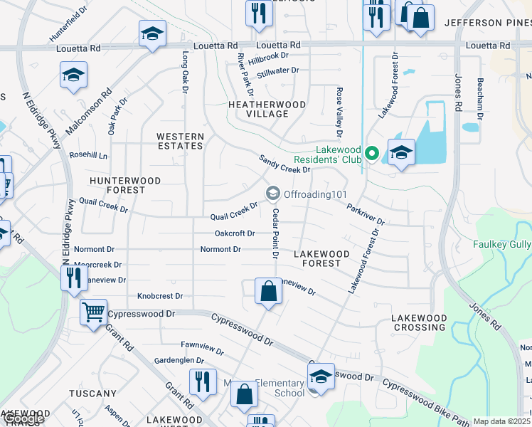 map of restaurants, bars, coffee shops, grocery stores, and more near 14618 Sunny Grove Drive in Houston