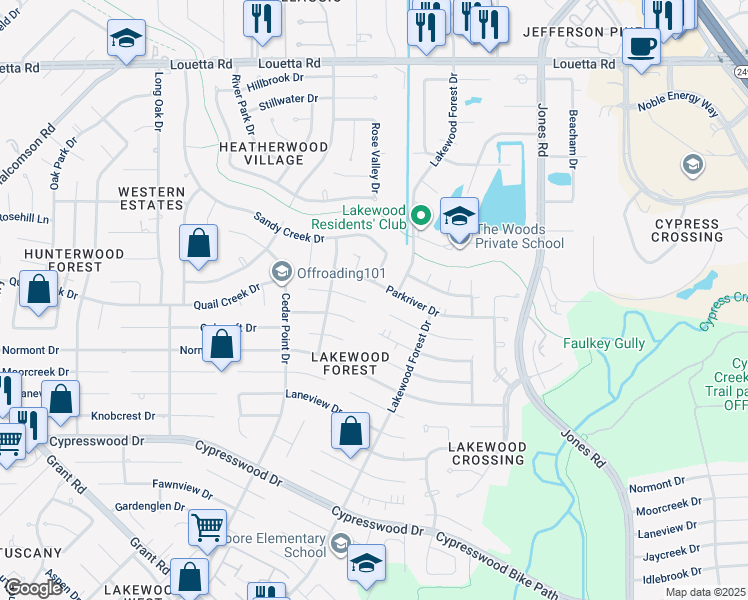 map of restaurants, bars, coffee shops, grocery stores, and more near 11746 Quail Creek Drive in Houston