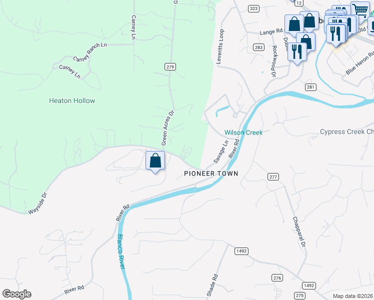 map of restaurants, bars, coffee shops, grocery stores, and more near 340 Wayside Drive in Wimberley