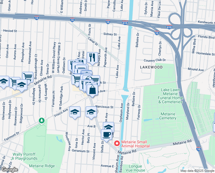 map of restaurants, bars, coffee shops, grocery stores, and more near 123 Papworth Avenue in Metairie