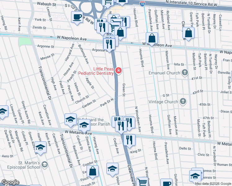 map of restaurants, bars, coffee shops, grocery stores, and more near 1514 Persimmon Avenue in Metairie