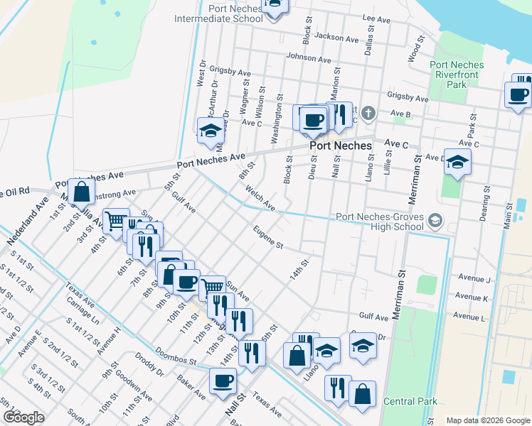 map of restaurants, bars, coffee shops, grocery stores, and more near 1801 10th Street in Port Neches