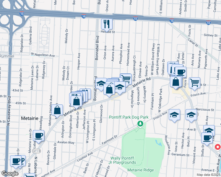 map of restaurants, bars, coffee shops, grocery stores, and more near 300 Codifer Boulevard in Metairie