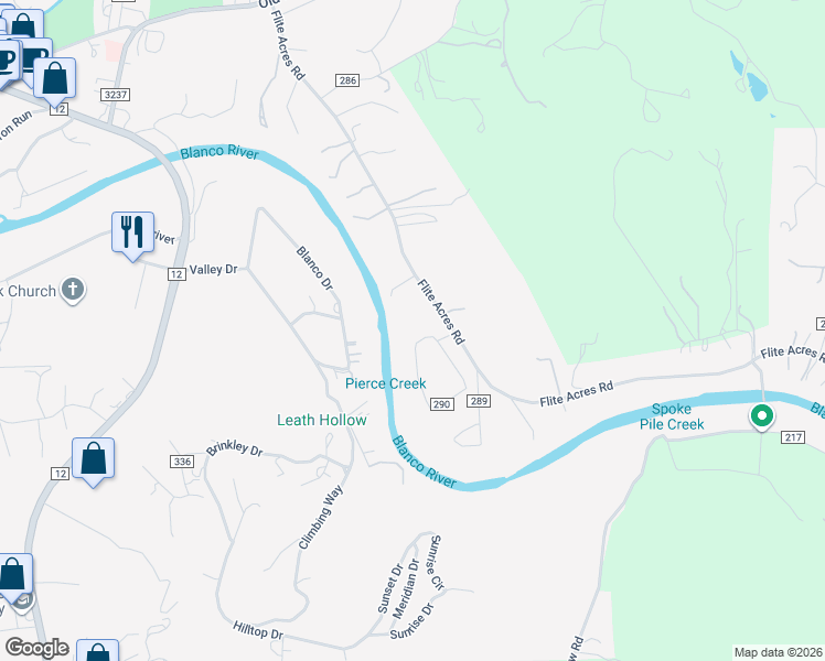 map of restaurants, bars, coffee shops, grocery stores, and more near 910 Flite Acres Road in Wimberley