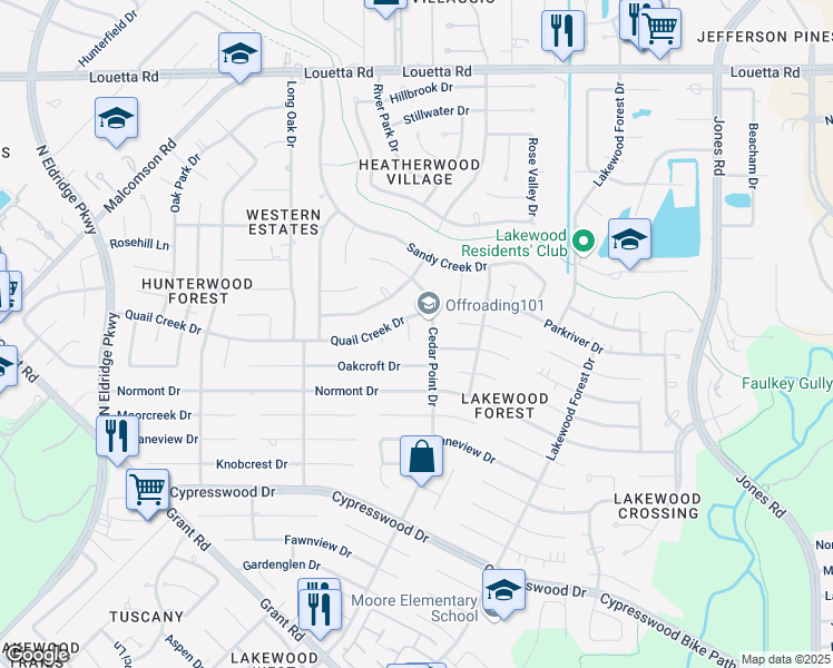 map of restaurants, bars, coffee shops, grocery stores, and more near 14618 Sunny Grove Drive in Houston