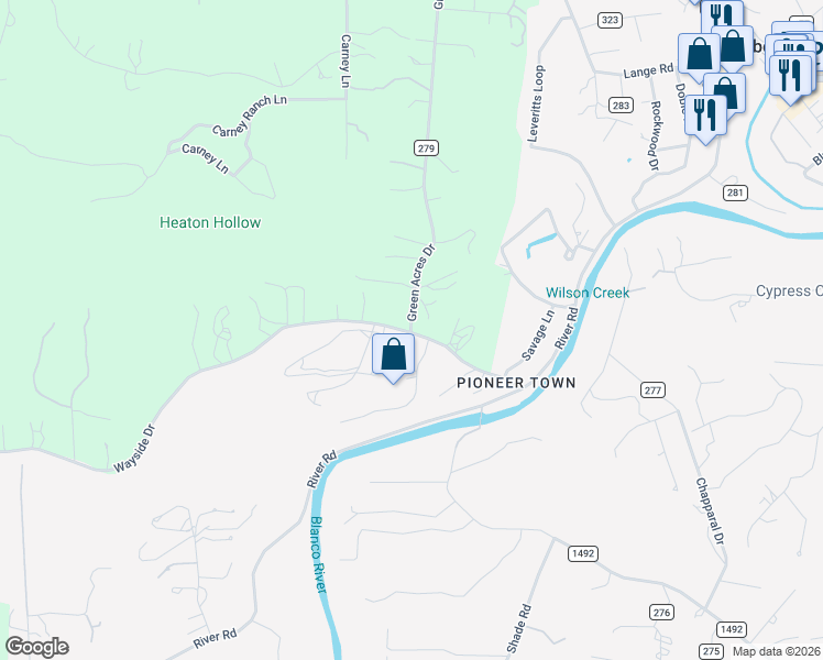 map of restaurants, bars, coffee shops, grocery stores, and more near 340 Wayside Drive in Wimberley