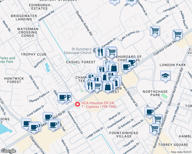 map of restaurants, bars, coffee shops, grocery stores, and more near 4643 Cashel Circle in Houston