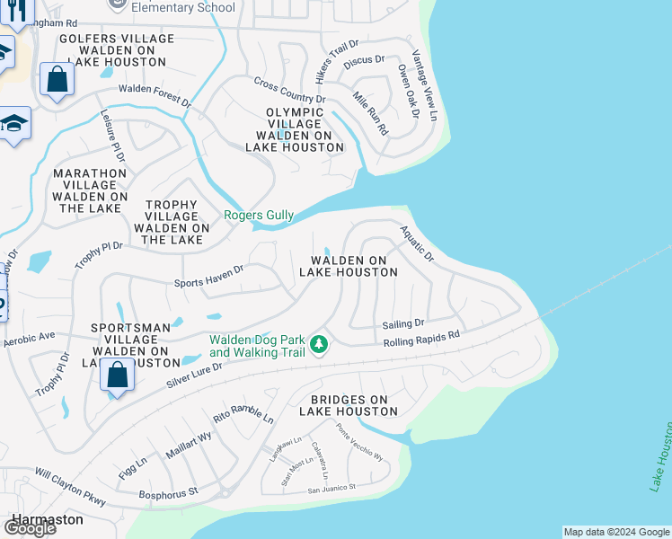 map of restaurants, bars, coffee shops, grocery stores, and more near 18707 Aquatic Drive in Humble