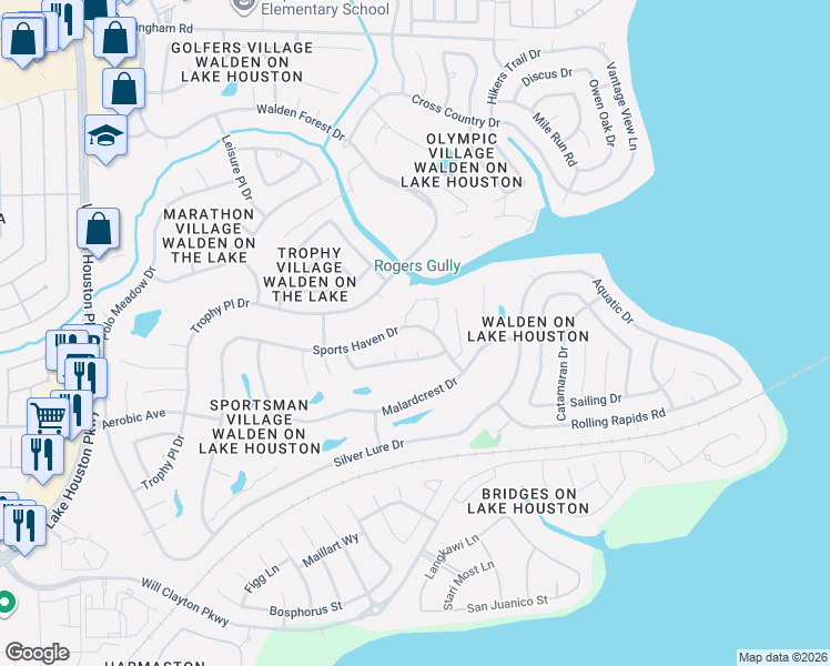 map of restaurants, bars, coffee shops, grocery stores, and more near 18758 Walden Glen Circle in Humble
