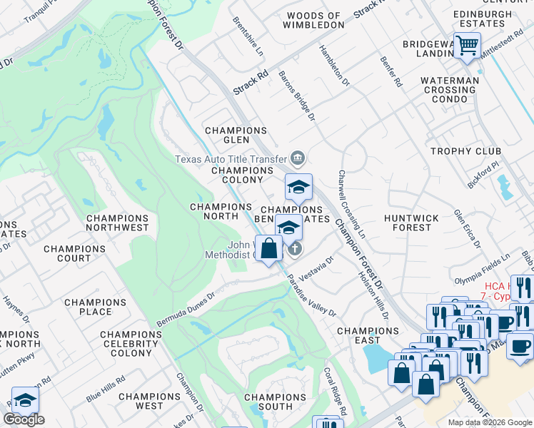 map of restaurants, bars, coffee shops, grocery stores, and more near 13842 Paradise Valley Drive in Houston