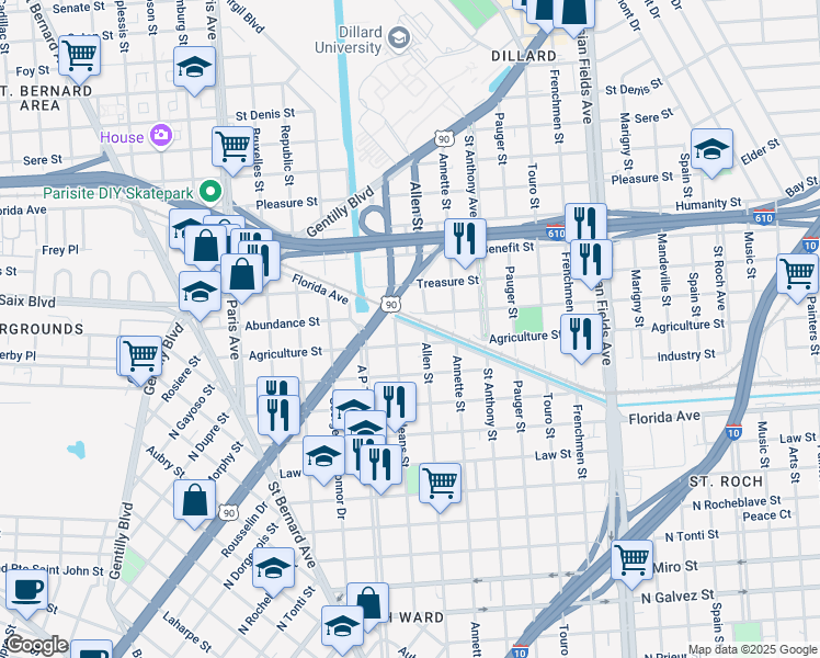map of restaurants, bars, coffee shops, grocery stores, and more near 1850 Florida Avenue in New Orleans