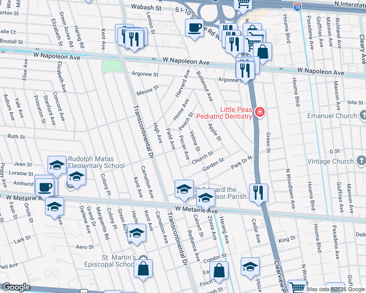 map of restaurants, bars, coffee shops, grocery stores, and more near 1400 Pecan Avenue in Metairie