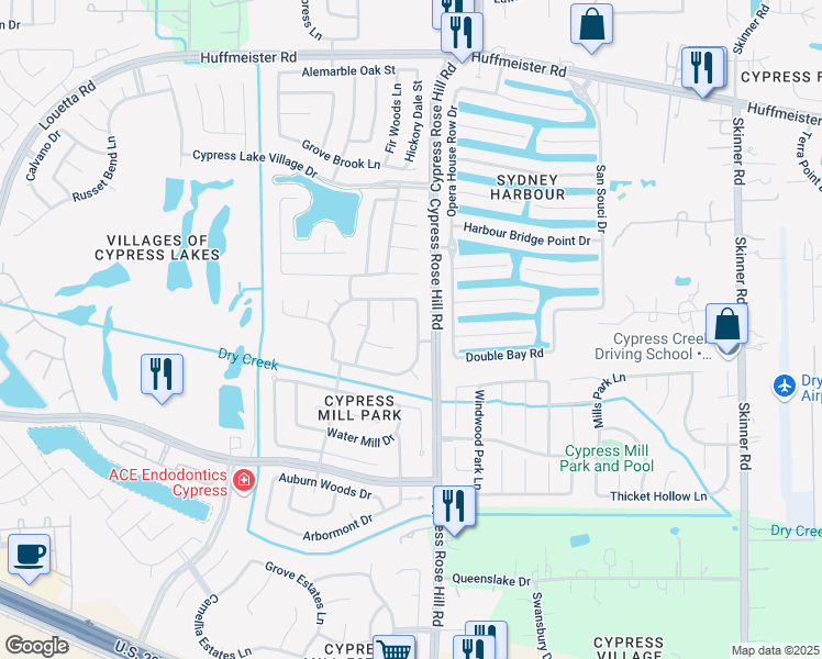map of restaurants, bars, coffee shops, grocery stores, and more near 14911 Cypress Ridge Grove Lane in Harris County