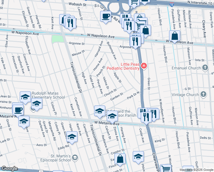 map of restaurants, bars, coffee shops, grocery stores, and more near 1405 Velma Street in Metairie