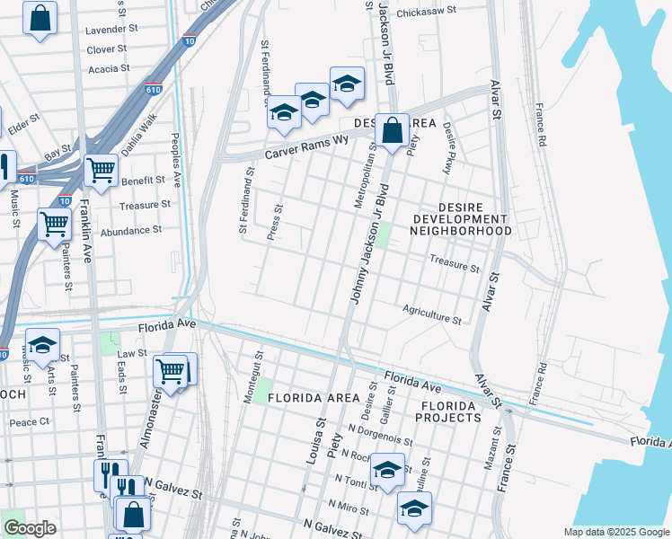 map of restaurants, bars, coffee shops, grocery stores, and more near 2938 Metropolitan Street in New Orleans