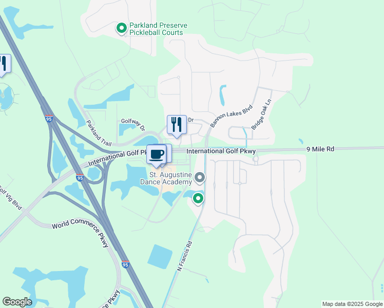 map of restaurants, bars, coffee shops, grocery stores, and more near 210 Commerce Lake Dr in St Augustine