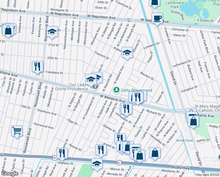 map of restaurants, bars, coffee shops, grocery stores, and more near 918 North Upland Avenue in Metairie