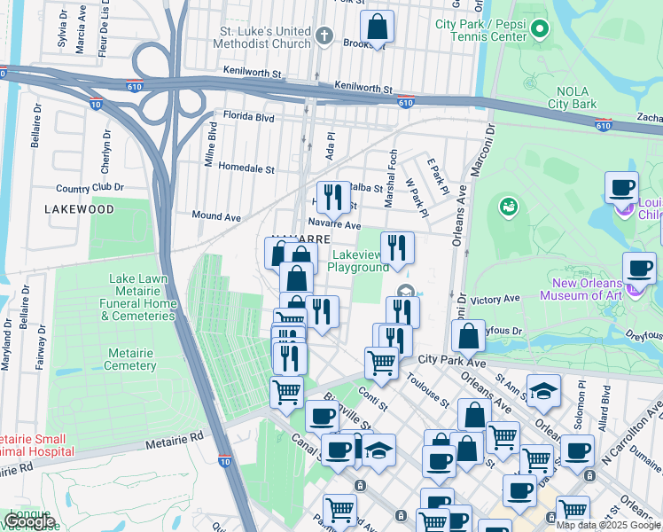 map of restaurants, bars, coffee shops, grocery stores, and more near 810 Voisin Street in New Orleans