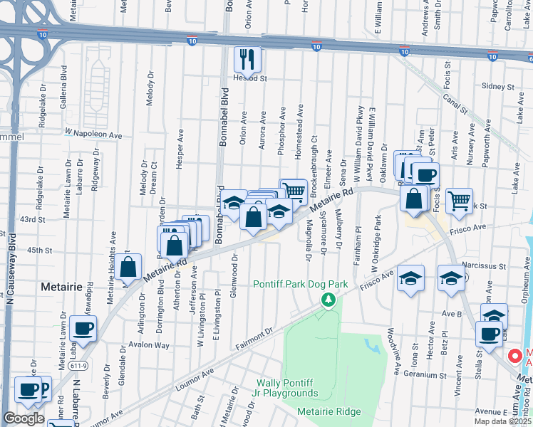 map of restaurants, bars, coffee shops, grocery stores, and more near 300 Codifer Boulevard in Metairie