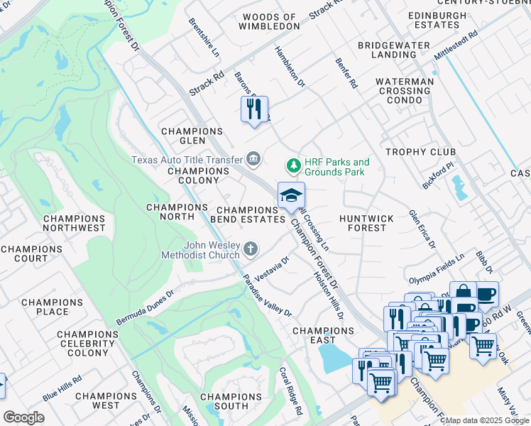 map of restaurants, bars, coffee shops, grocery stores, and more near 13873-13945 Champion Forest Drive in Houston