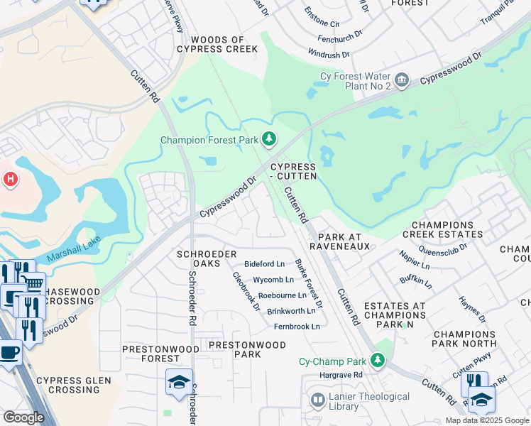 map of restaurants, bars, coffee shops, grocery stores, and more near 9717 Cypresswood Drive in Houston