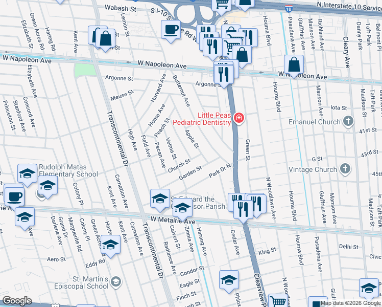 map of restaurants, bars, coffee shops, grocery stores, and more near 1405 Hackberry Avenue in Metairie