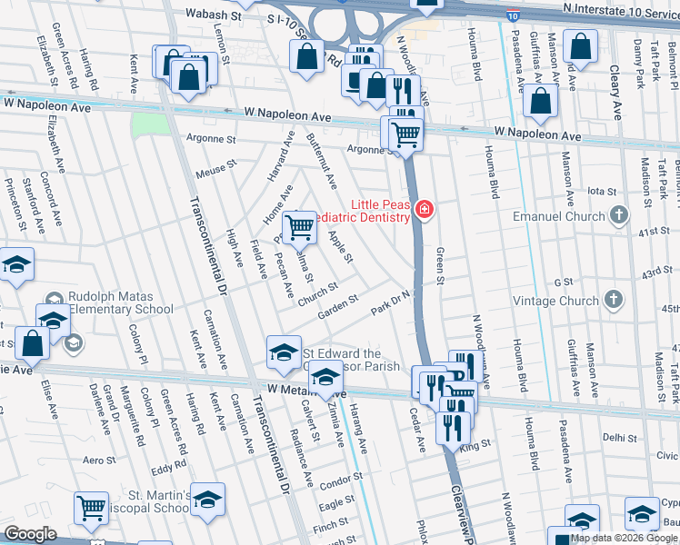 map of restaurants, bars, coffee shops, grocery stores, and more near 1405 Hackberry Avenue in Metairie