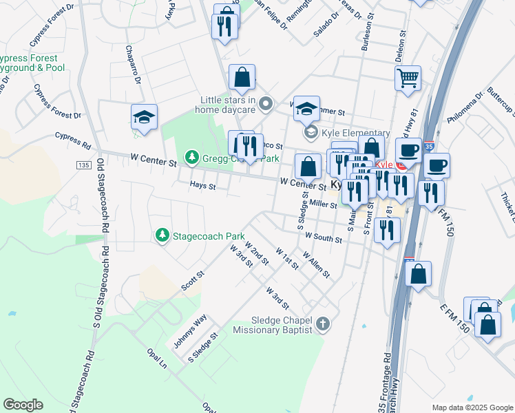 map of restaurants, bars, coffee shops, grocery stores, and more near 550 Scott Street in Kyle
