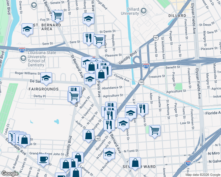 map of restaurants, bars, coffee shops, grocery stores, and more near 1627 Abundance Street in New Orleans
