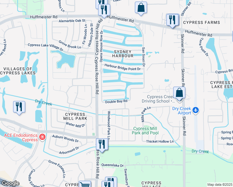 map of restaurants, bars, coffee shops, grocery stores, and more near 18026 Dunoon Bay Point Court in Cypress