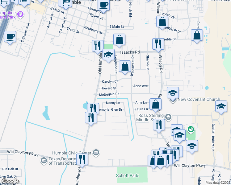 map of restaurants, bars, coffee shops, grocery stores, and more near 1107 McDugald Road in Humble