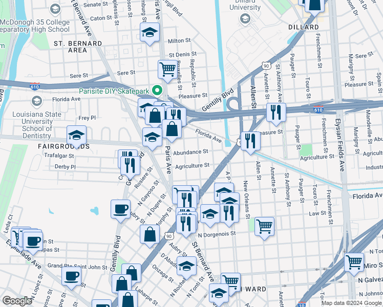 map of restaurants, bars, coffee shops, grocery stores, and more near 1664 Abundance Street in New Orleans