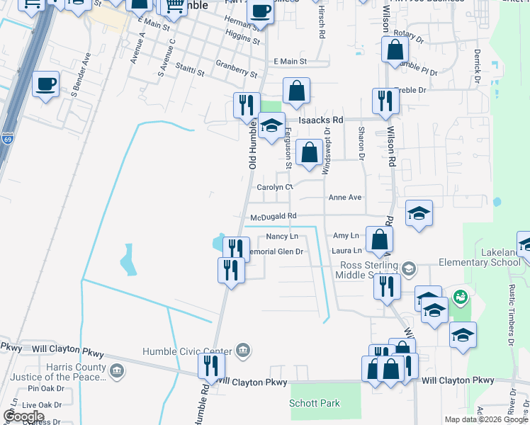 map of restaurants, bars, coffee shops, grocery stores, and more near 1013 McDugald Road in Humble