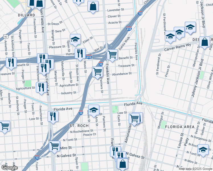 map of restaurants, bars, coffee shops, grocery stores, and more near 2828 Franklin Avenue in New Orleans