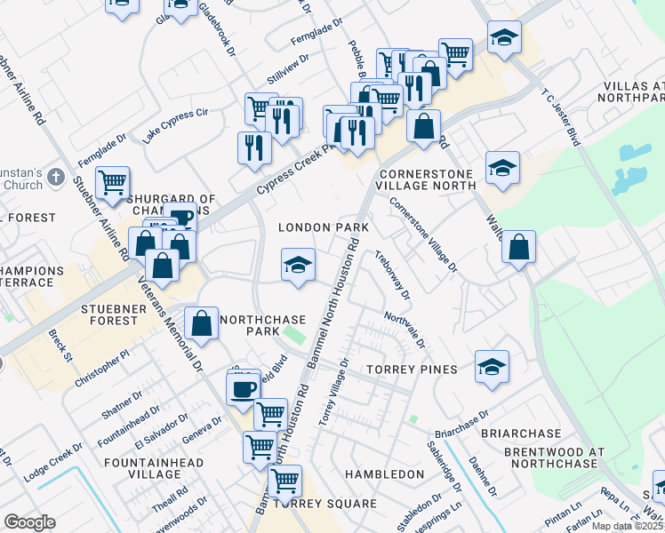 map of restaurants, bars, coffee shops, grocery stores, and more near 407 Bammel North Houston Road in Houston