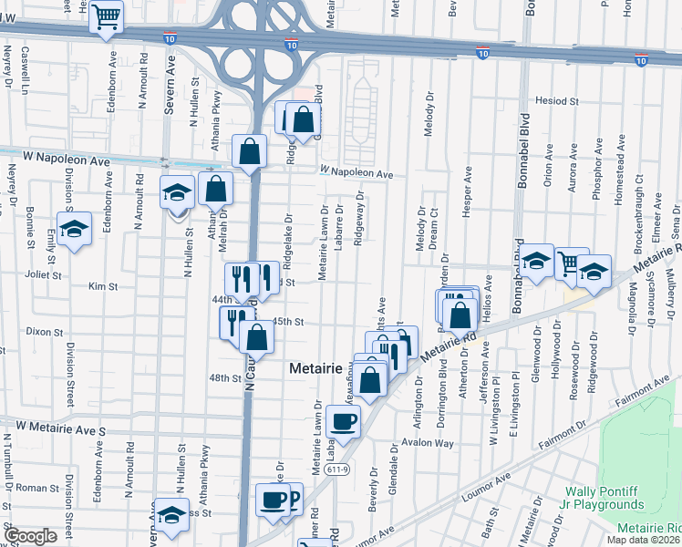 map of restaurants, bars, coffee shops, grocery stores, and more near 501 Labarre Drive in Metairie