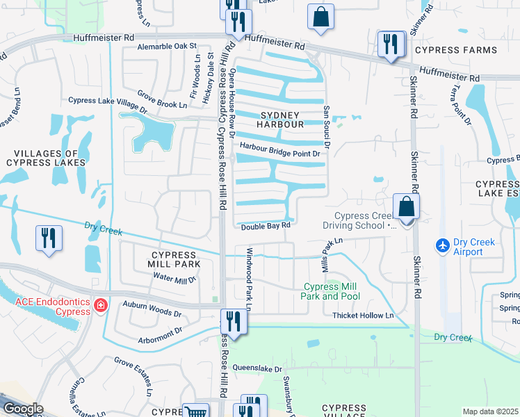 map of restaurants, bars, coffee shops, grocery stores, and more near 18034 Dunoon Bay Point Ct in Cypress