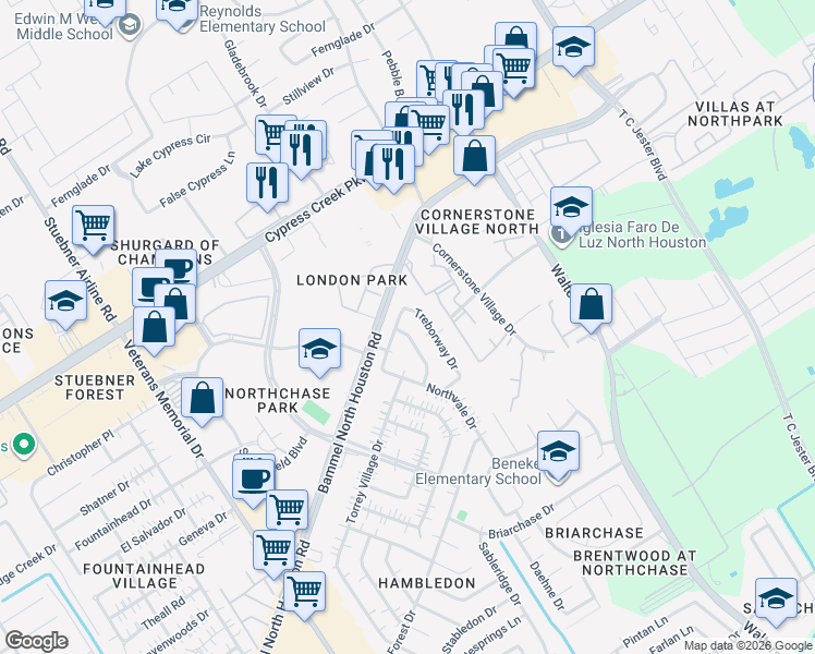 map of restaurants, bars, coffee shops, grocery stores, and more near 14726 Ridgechase Lane in Houston