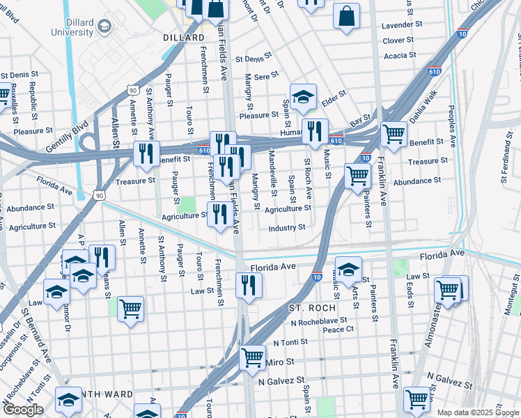 map of restaurants, bars, coffee shops, grocery stores, and more near 2903 Marigny Street in New Orleans