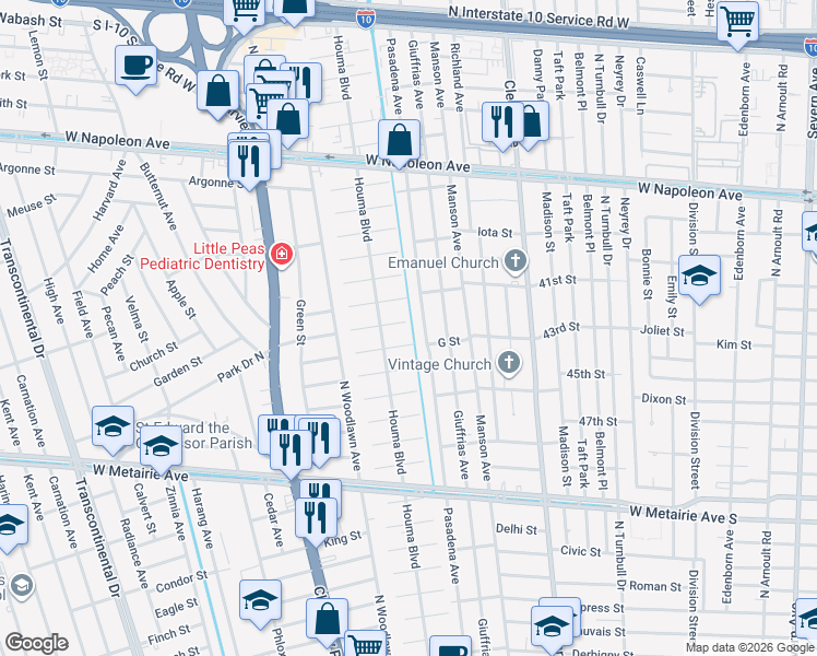 map of restaurants, bars, coffee shops, grocery stores, and more near 4200 Pratt Street in Metairie