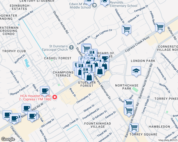 map of restaurants, bars, coffee shops, grocery stores, and more near 4502 Cypress Creek Parkway in Houston