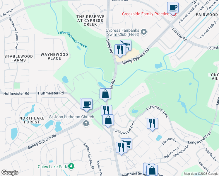 map of restaurants, bars, coffee shops, grocery stores, and more near Telge Road in Cypress