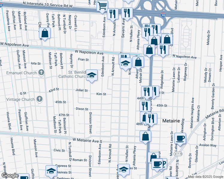 map of restaurants, bars, coffee shops, grocery stores, and more near 1700 Woods Drive in Metairie