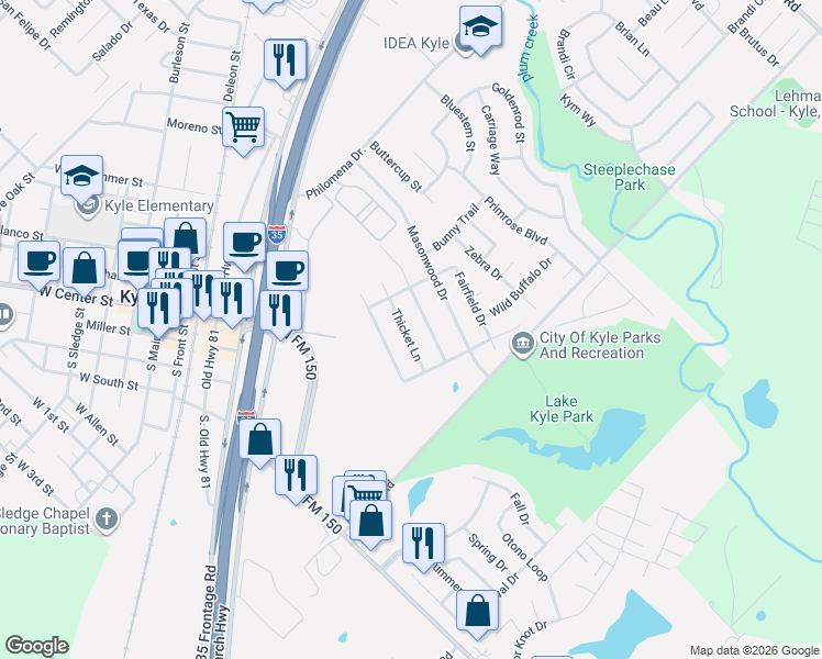 map of restaurants, bars, coffee shops, grocery stores, and more near 480 Emerald Fields Lane in Kyle