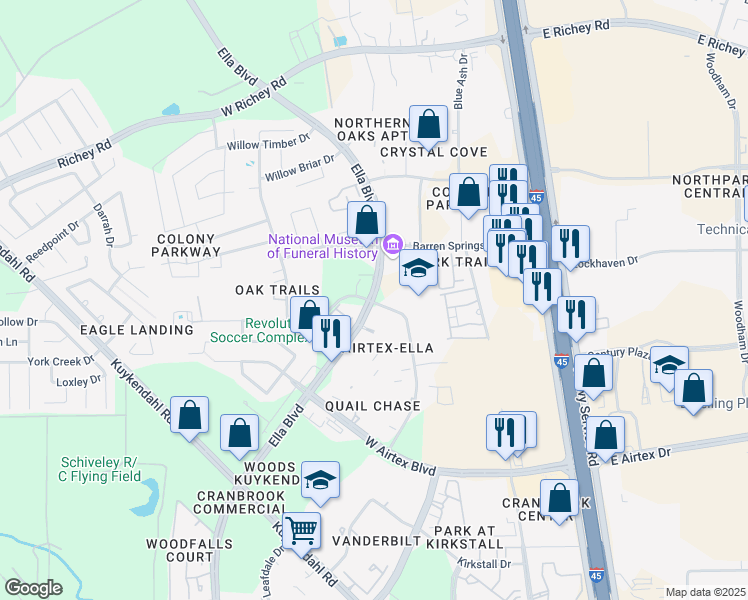map of restaurants, bars, coffee shops, grocery stores, and more near 15200 Ella Boulevard in Houston