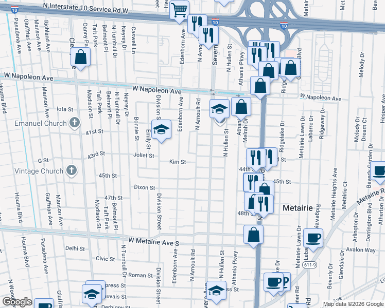 map of restaurants, bars, coffee shops, grocery stores, and more near 1900 Woods Drive in Metairie