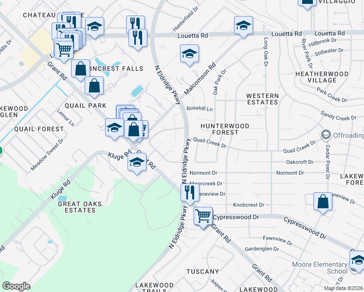 map of restaurants, bars, coffee shops, grocery stores, and more near 14703 N Eldridge Pkwy in Houston