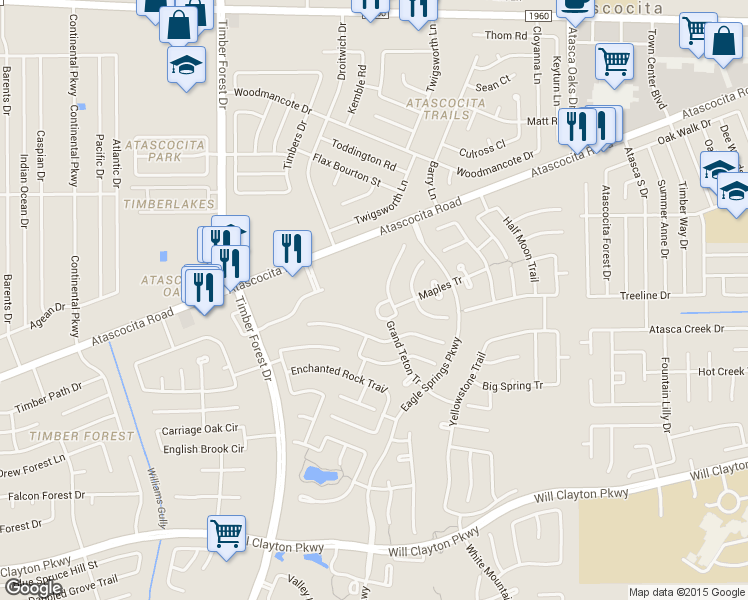 map of restaurants, bars, coffee shops, grocery stores, and more near 12411 North Caprock Way in Humble