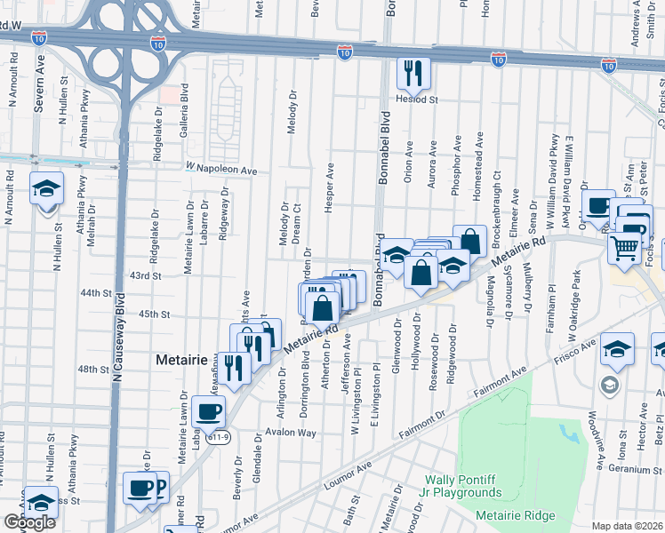 map of restaurants, bars, coffee shops, grocery stores, and more near 616 Codifer Boulevard in Metairie